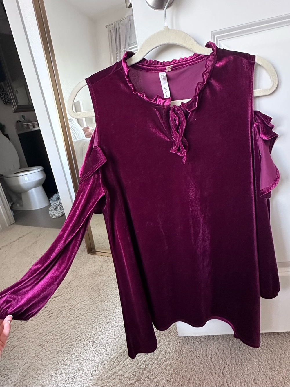 Velvet Cold-Shoulder Long-Sleeve Top in Deep Berry